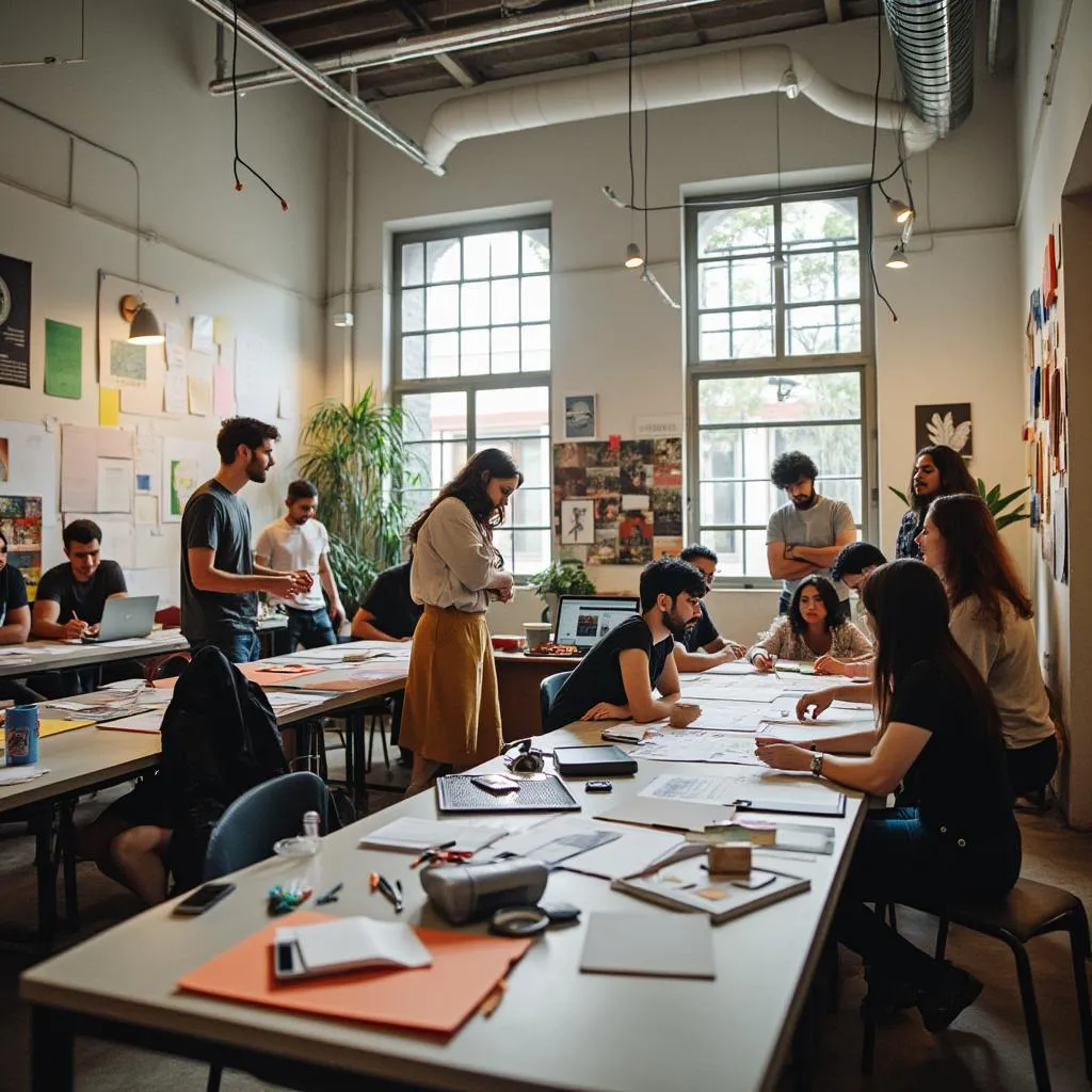 Estudio de diseño moderno con estudiantes y profesores trabajando juntos
