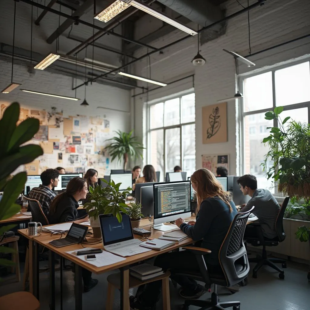 Clase de diseño gráfico con estudiantes trabajando en computadoras
