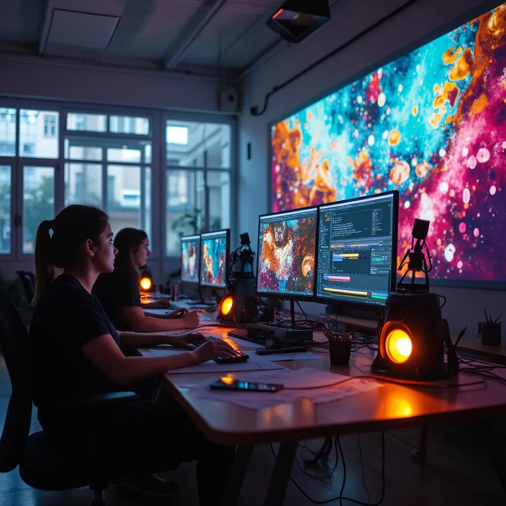 Estudiantes trabajando en animaciones y motion graphics