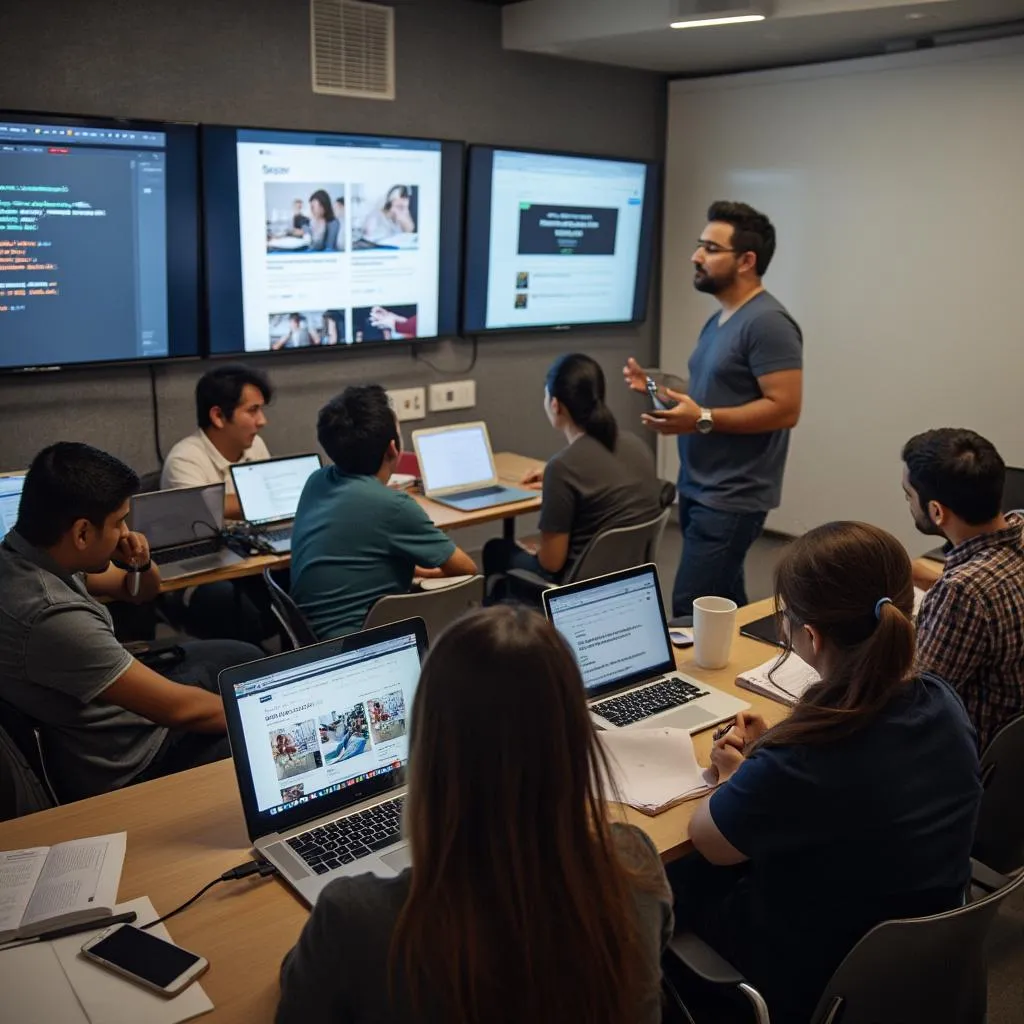 Clase de diseño web con profesor explicando código